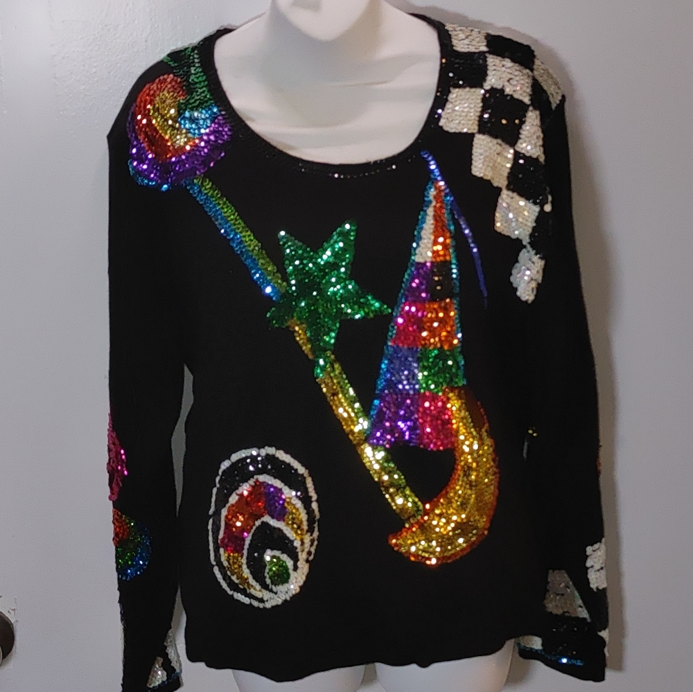 Vintage OS International Large Artsy Wear Black Sequined Abstract Whimsy Sweater